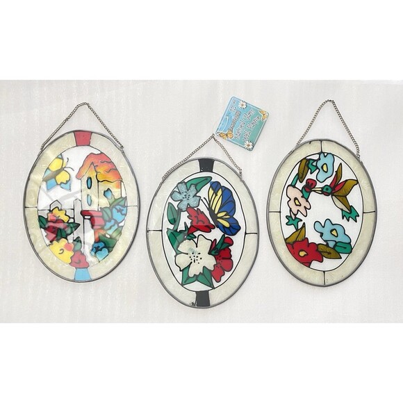X3 VTG Stained Glass Suncatchers Birdhouse Hummingbird Butterfly NOS Decor - Picture 1 of 7